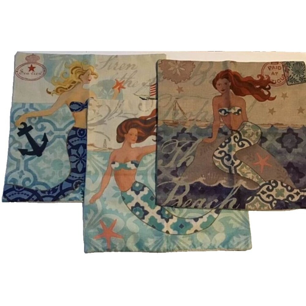 Mermaid Ladies Linen Pillow Cover Sham Jennifer Brinley Ocean Sea Nautical Lot 3